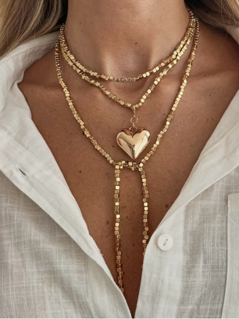 Gold Puffy Heart Pendant Necklace with Convertible Length Cubic Chain, Like New